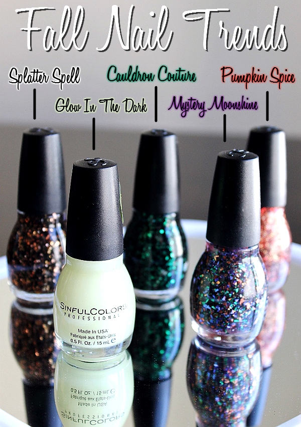 Fall Nail Trends with Sinful Colors- Splatter Spell, Glow In The Dark, Mystery Moonshine, Pumpkin Spice, and Cauldron Couture