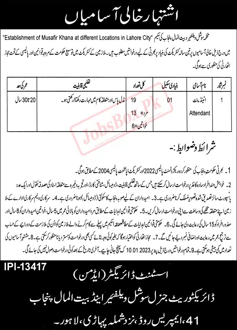 Social Welfare and Bait ul Maal Punjab Jobs 2023