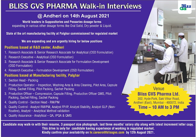 Job Availables, Bliss GVS Pharma  Walk-Ins for Production / QA / QC / Packing / Analytical / Formulation Development