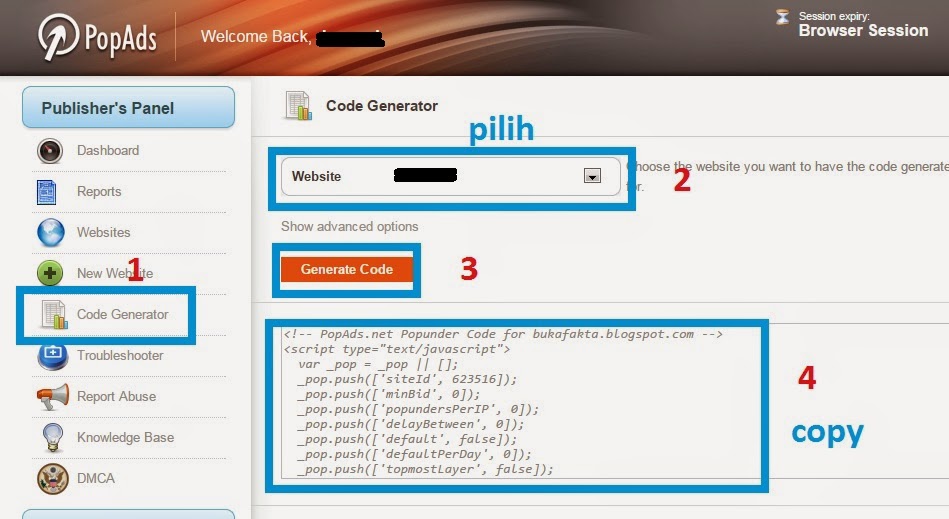 Cara Pasang Kode HTML PopAds dan PopCash