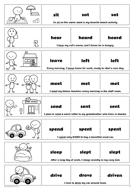 Irregular verbs chart with example sentences for ESL students