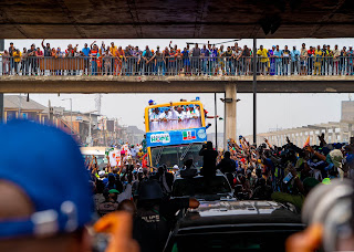 2023 Presidential candidate of the ruling All Progressives Congress (APC), Asiwaju Bola Ahmed Tinubu; his running mate, Kashim Shettima, President Muhammadu Buhari; APC National Chairman, Abdullahi Adamu; Governor of Lagos State, Babajide Sanwo-Olu; Deputy Governor, Obafemi Hamzat; alongside other top APC members, converge at the Teslim Balogun Stadium, Surulere, Lagos, for the APC 2023 Presidential Campaign mega rally on Tuesday 21 February, 2023