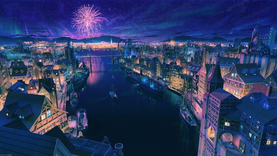 Anime City Night Fireworks Scenery 4k Wallpaper 182