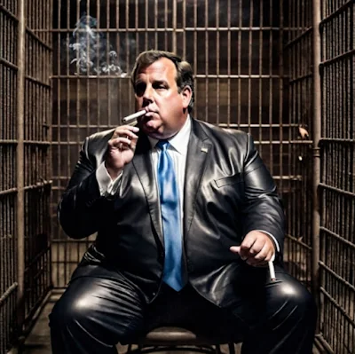 Chris Christie's wearing a black leather suit smoking a cigar and sitting in a jail cell