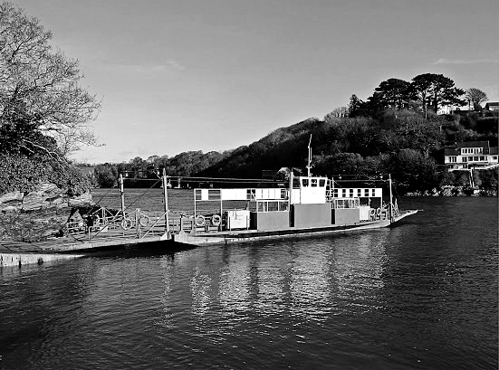 Bodinnick Ferry, Cornwall in bland and white.