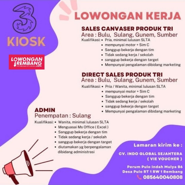 9 Lowongan Kerja Pegawai Direct Sales Canvaser Admin Vie Voucher CV Indo Global Sejahtera Rembang