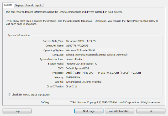 Menggunakan DirectX Diagnostig Tool.