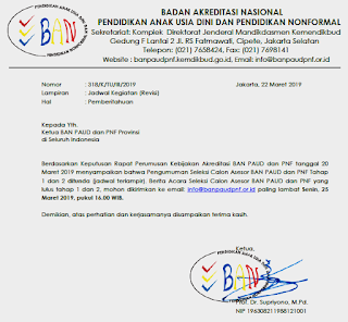 Pengumuman Hasil Seleksi Tahap 1 dan 2 BAN PAUD dan PNF Tahun 2019