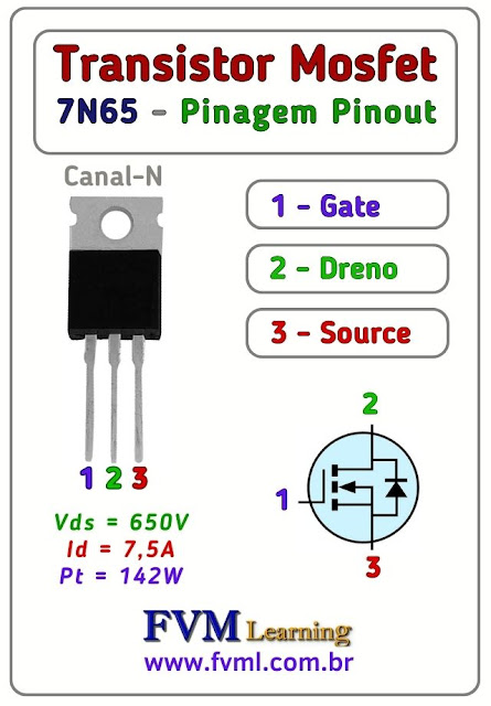 Datasheet-Pinagem-Pinout-Transistor-Mosfet-Canal-N-7N65-Características-Substituição-fvml