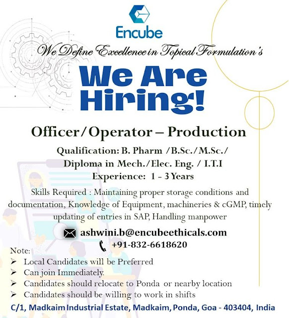 Encube Ethicals Hiring For Production Department