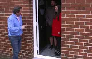 Diarmuid goes and knocks on Becky and Michael's front door.