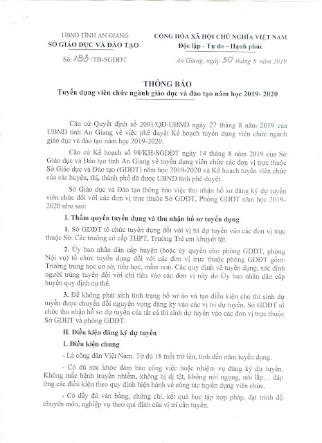Thông báo tuyển dụng viên chức ngành giáo dục và đào tạo tỉnh An Giang năm học 2019-2020