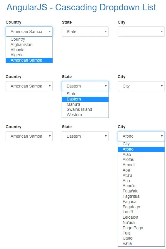 AngularJS Cascading Dropdown List Using Bootstrap 4