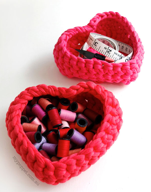 Valentine's Day free crochet patterns, heart basket (photy by My Poppet) | Happy in Red