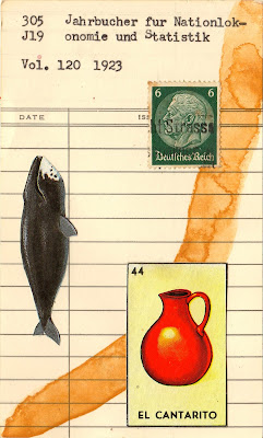 Dada Fluxus mail art collage library due date card sartre loteria whale el cantarito jug German Wiemar postage stamp 