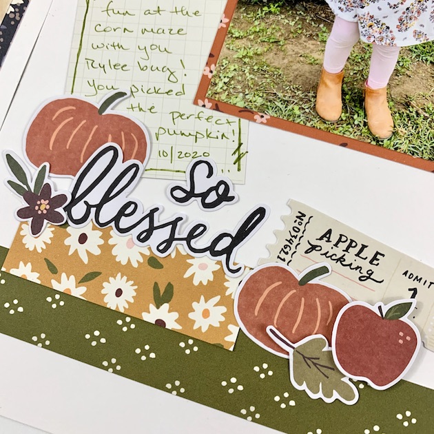 12x12 Fall Scrapbook Page Layout with pumpkins, leaves, and flowers