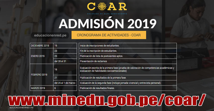 COAR: Cronograma Admisión 2019 (Inscripción 19 Diciembre) MINEDU - www.minedu.gob.pe