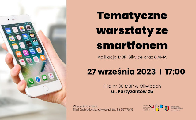 Baner promujący zajęcia. Po lewej stronie ręka trzymająca smartfona, po prawej informacje dotyczące wydarzenia.