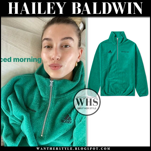 Hailey Baldwin in green fleece jacket