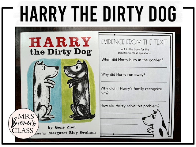 Harry the Dirty Dog book activities unit with literacy printables, reading companion worksheets, lesson ideas, and a craft for Kindergarten and First Grade