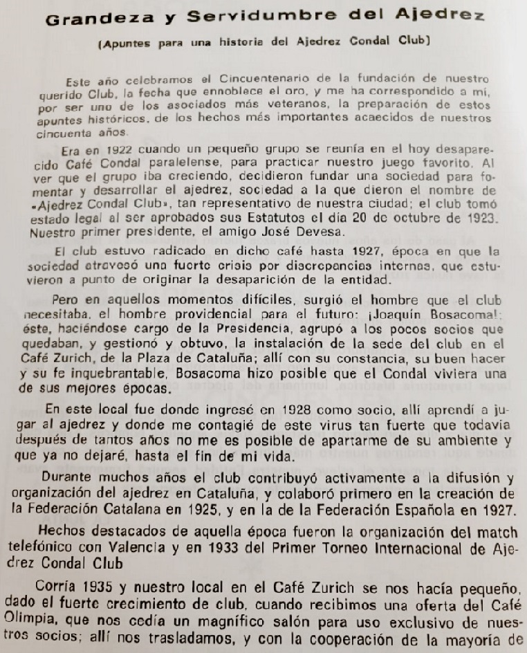 Cincuentenario del Escacs Comtal Club (1923-1973), página del boletín