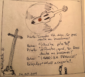 La agencia de noticias ToblogNews captó la conversación entre el Presidente en funciones Pedro Sánchez y el piloto del helicóptero que transportaba la momia exhumada de Francisco Franco - Franco Exhumado - Exhumación de Franco - Francisco Franco - Momia de Franco - Pedro Sánchez - Valle de los caídos - TroblogNews - el troblogdita - Viñeta cómica