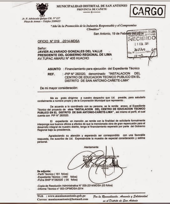 Se logró el compromiso del Gobierno Regional para apoyar el financiamiento de  la “Instalación del Centro de Educación Técnico Público en el Distrito de San  Antonio” - con PIN N° 282020. 