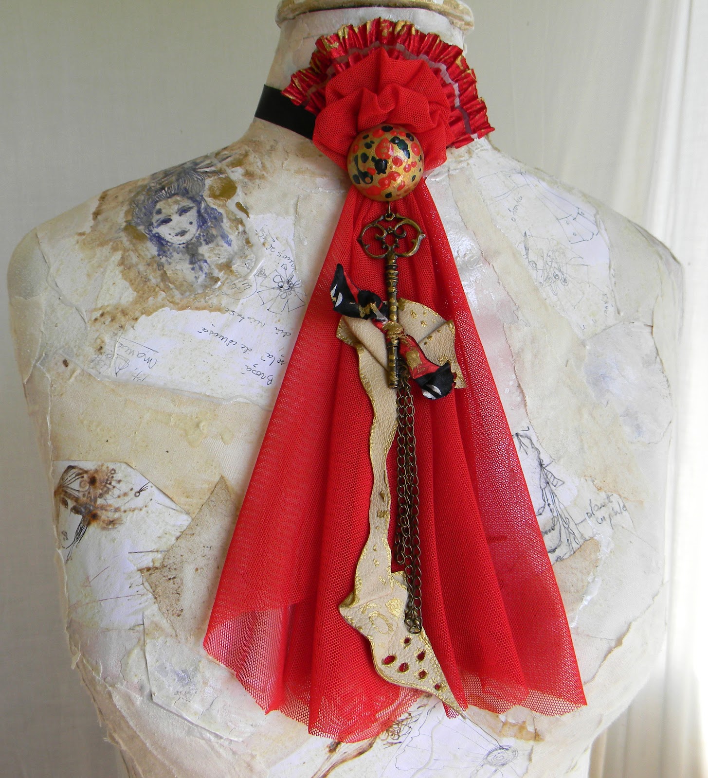 Handmade Jabot/Choker/Bib/Red Vintage Couture/Moulin Rouge Inspired