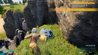 The player harvests Paldium Fragments from a lump of Paldium in Palworld.