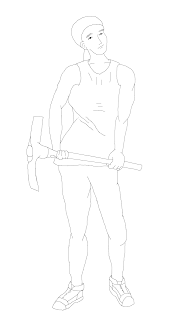 line drawing of a woman in athletic-wear holding a mattock