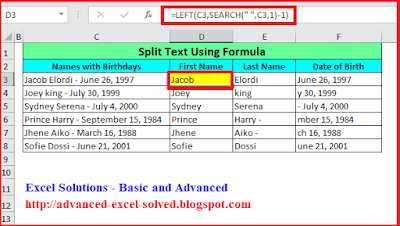 Split Cell Content using Excel Formula - Functions LEFT & SEARCH