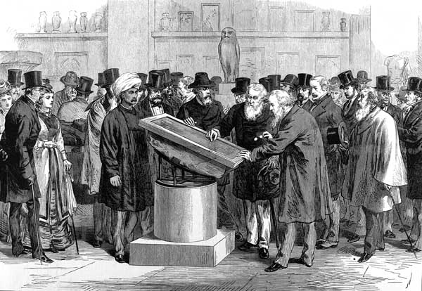 The Rosetta Stone on display in the British Museum in 1874.
