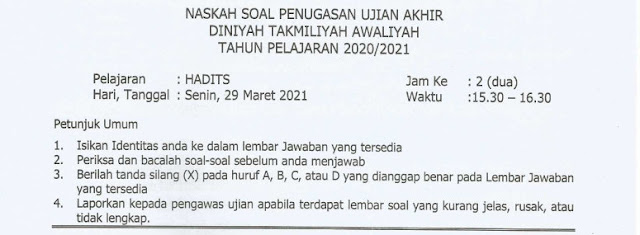 Kumpulan Soal Ujian Akhir Madrasah Kelas 4 MDTA Mapel Hadits Terbaru Tahun 2021 Dilengkapi Kunci Jawaban!