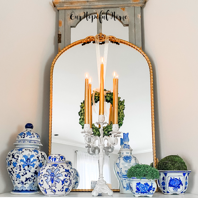 romantic gold mirror taper candles mantel chinoiserie ginger jar decor