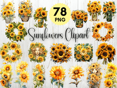 78 Vintage Watercolor Sunflowers Clipart