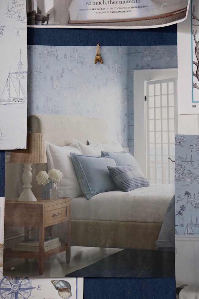 Toile wallpaper with seaside decor is a fresh take on coastal decorating
