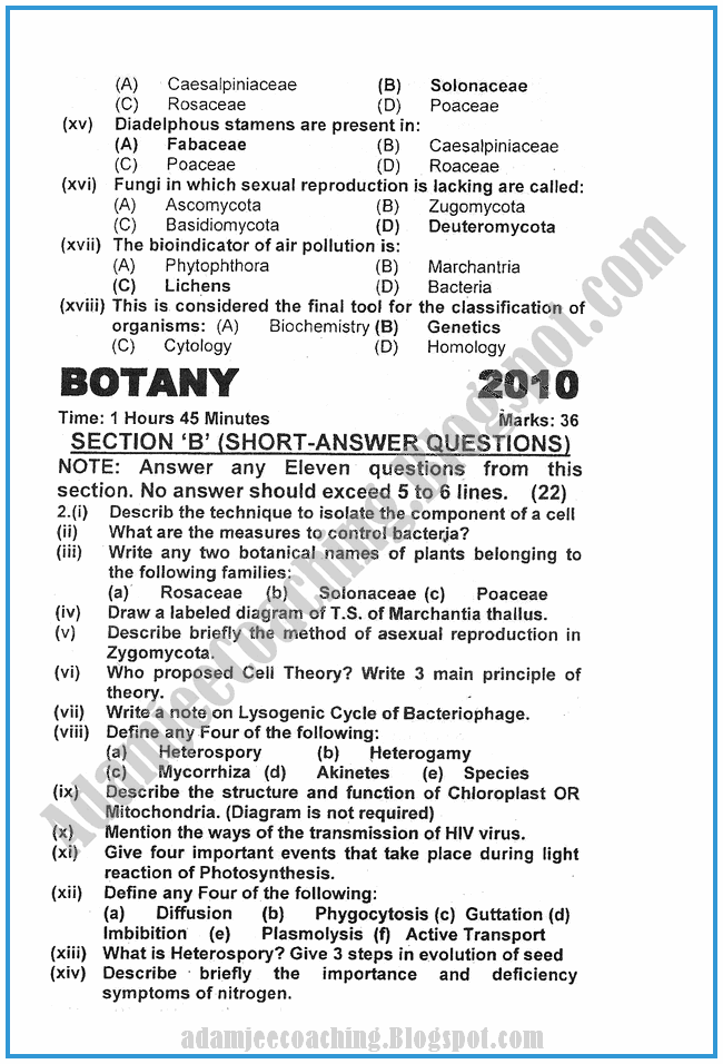 Botany-2010-past-year-paper-class-XI