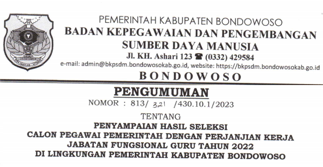 Pengumuman Hasil Seleksi PPPK Guru Kabupaten Bondowoso Provisi Jawa Timur Tahun 2022-2023