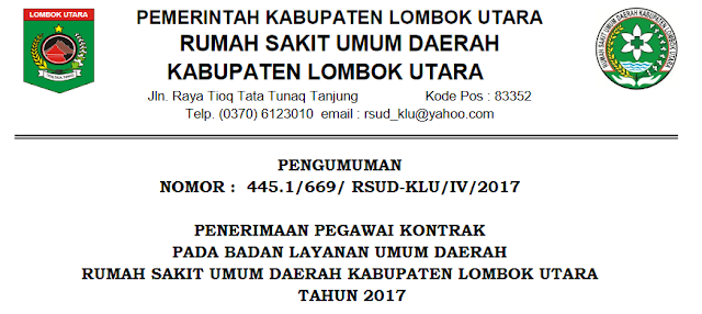 Pengumuman Penerimaan Pegawai BLUD RSUD Lombok Utara Tahun 2017