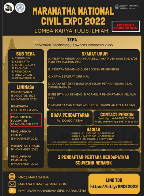 Lomba Karya Tulis Ilmiah (LKTI) Maranatha National Civil Expo 2022 Deadline Pendaftaran 6 November 2022