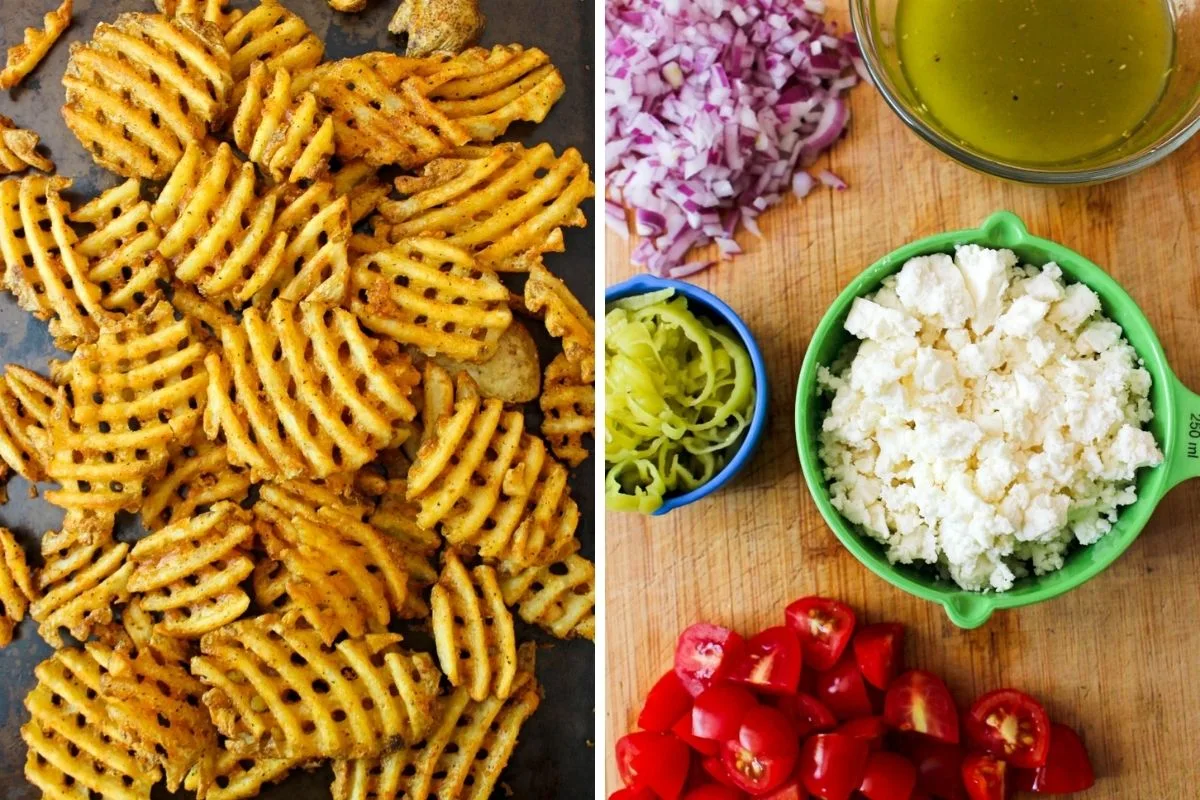 Collage of Greek Waffle Fry ingredients.