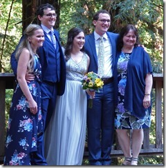 Michael, Anna, Michael's mom Shelley with brother Ryan and Sister Stephanie -- Michael and Anna, Wedding Day, Camp Meeker California, July 21, 2018