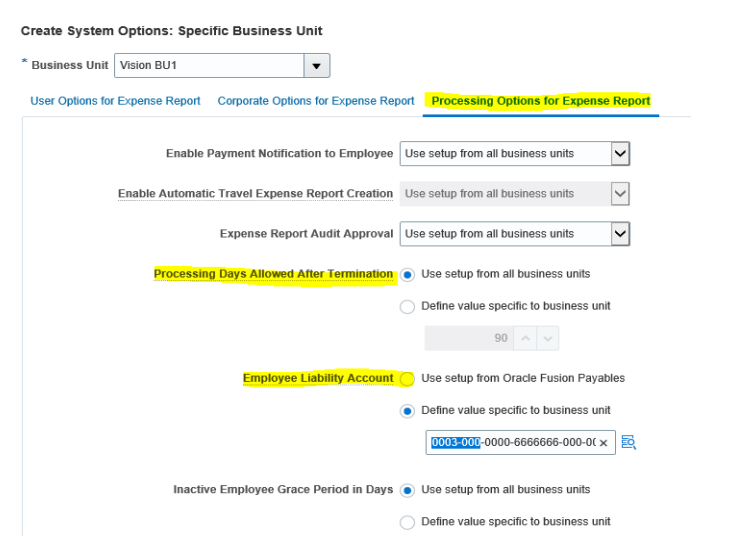 Define Expense System Options in Oracle Fusion