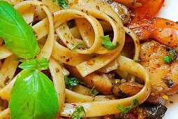 Pesto Shrimp Fettuccine in Mushroom Garlic Sauce