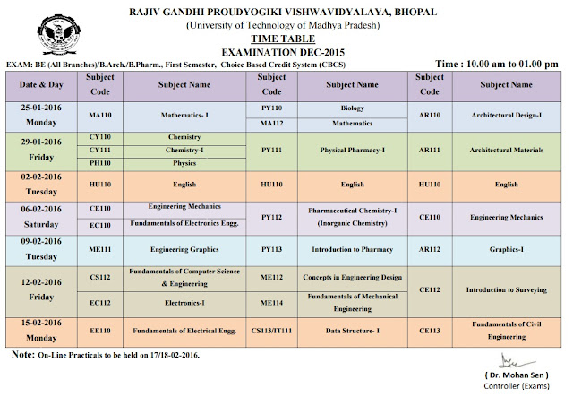 RGPV B.Pharmacy 1st Semester Choice Based Credit System Exam Time Table