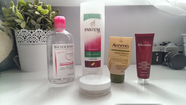 A picture of recent empties including Bioderma & Aveeno