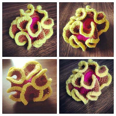 4 photos of a curly, curvy mass of crocheted stitches that take on the shape of a ball with rounds of pink, rust and yellow that give it a striped look.