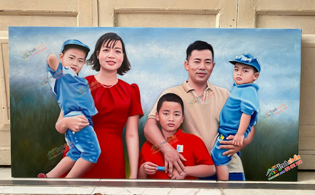vẽ chân dung gia đình, tranh sơn dầu trên toan