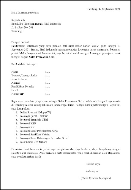 Contoh Surat Lamaran Kerja Sales Promotion Girl Kosmetik Yang Sudah Berpengalaman Berdasarkan Informasi Dari Media Cetak Contoh Application Letter Sales Promotion Girl Kosmetik Yang Sudah Berpengalaman Berdasarkan Informasi Dari Media Cetak