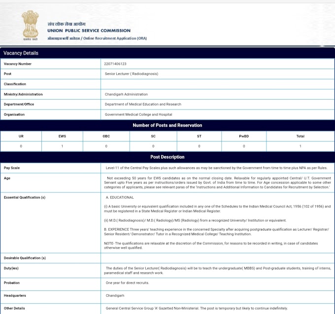 UPSC recruitment out for lecturer for Chandigarh location 
